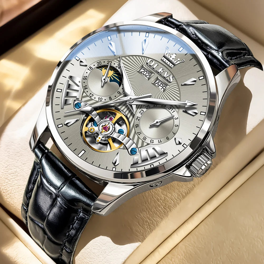 OLEVS 7103 Mechanical Watch for Men – Moon Phase, Calendar Display, Leather Strap, 30M Waterproof