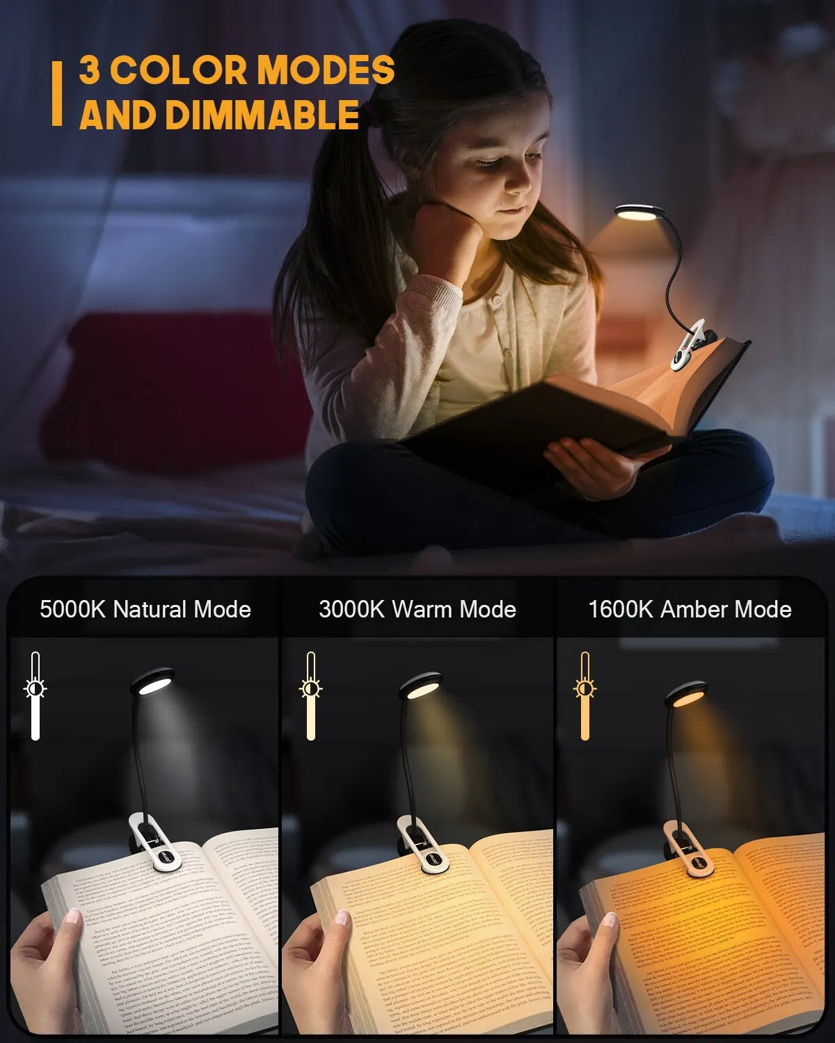 Mini LED Reading Light – Clip, Rechargeable, 3 Colors & 5 Brightness Levels