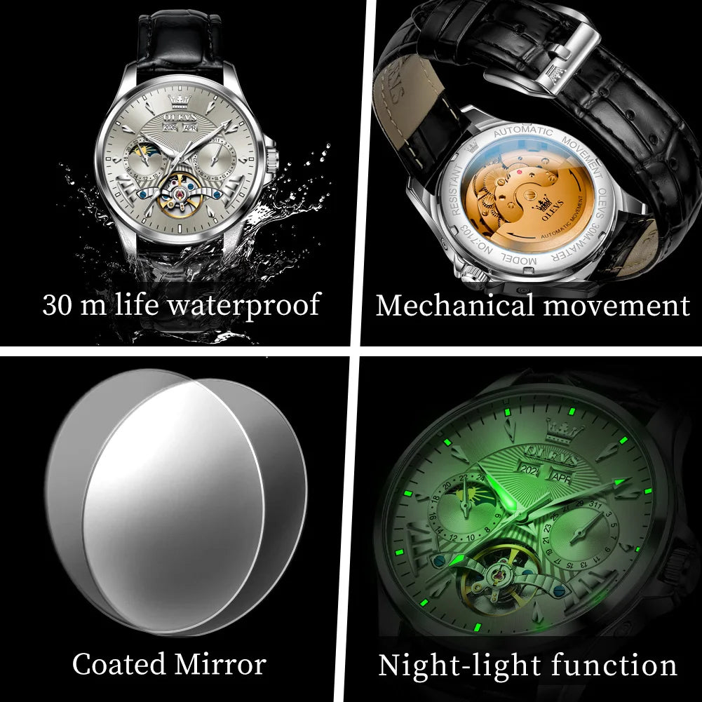 OLEVS 7103 Mechanical Watch for Men – Moon Phase, Calendar Display, Leather Strap, 30M Waterproof