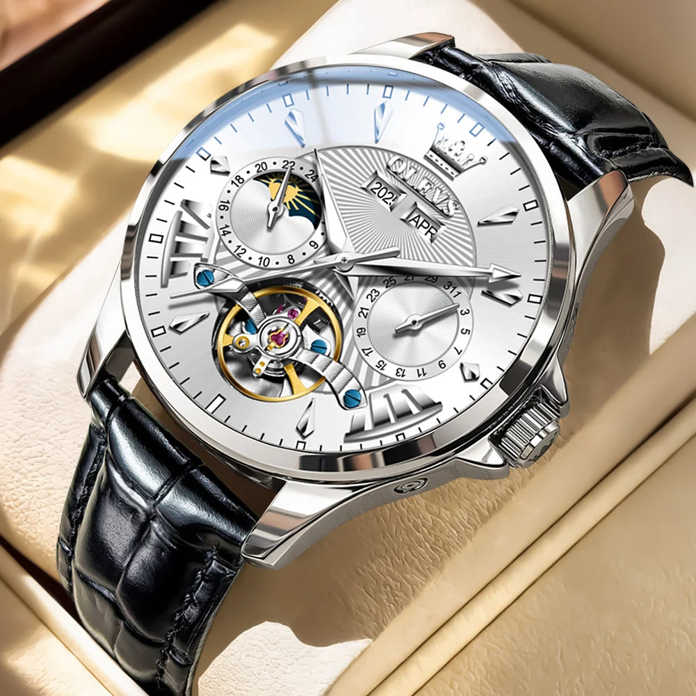 OLEVS 7103 Mechanical Watch for Men – Moon Phase, Calendar Display, Leather Strap, 30M Waterproof