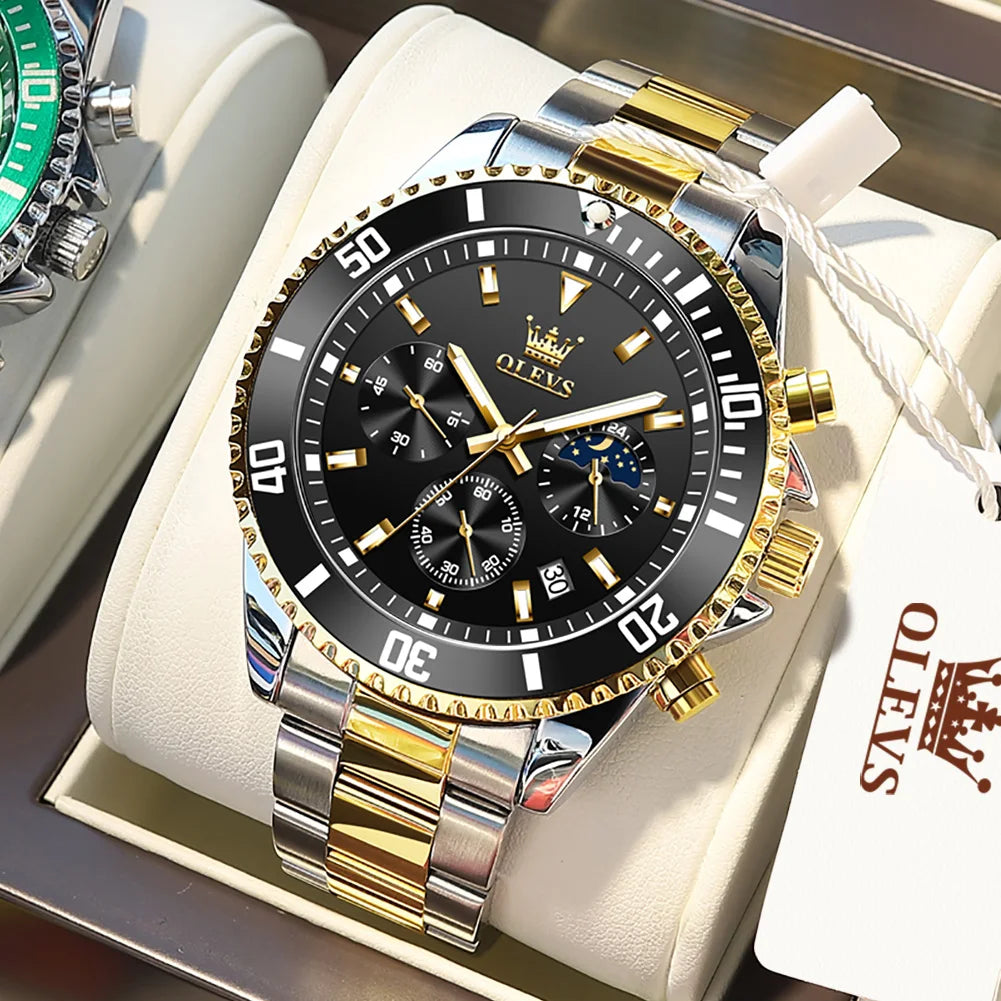 OLEVS Luxury Men’s Watch – Moon Phase, Chronograph Dial, Stainless Steel, Waterproof