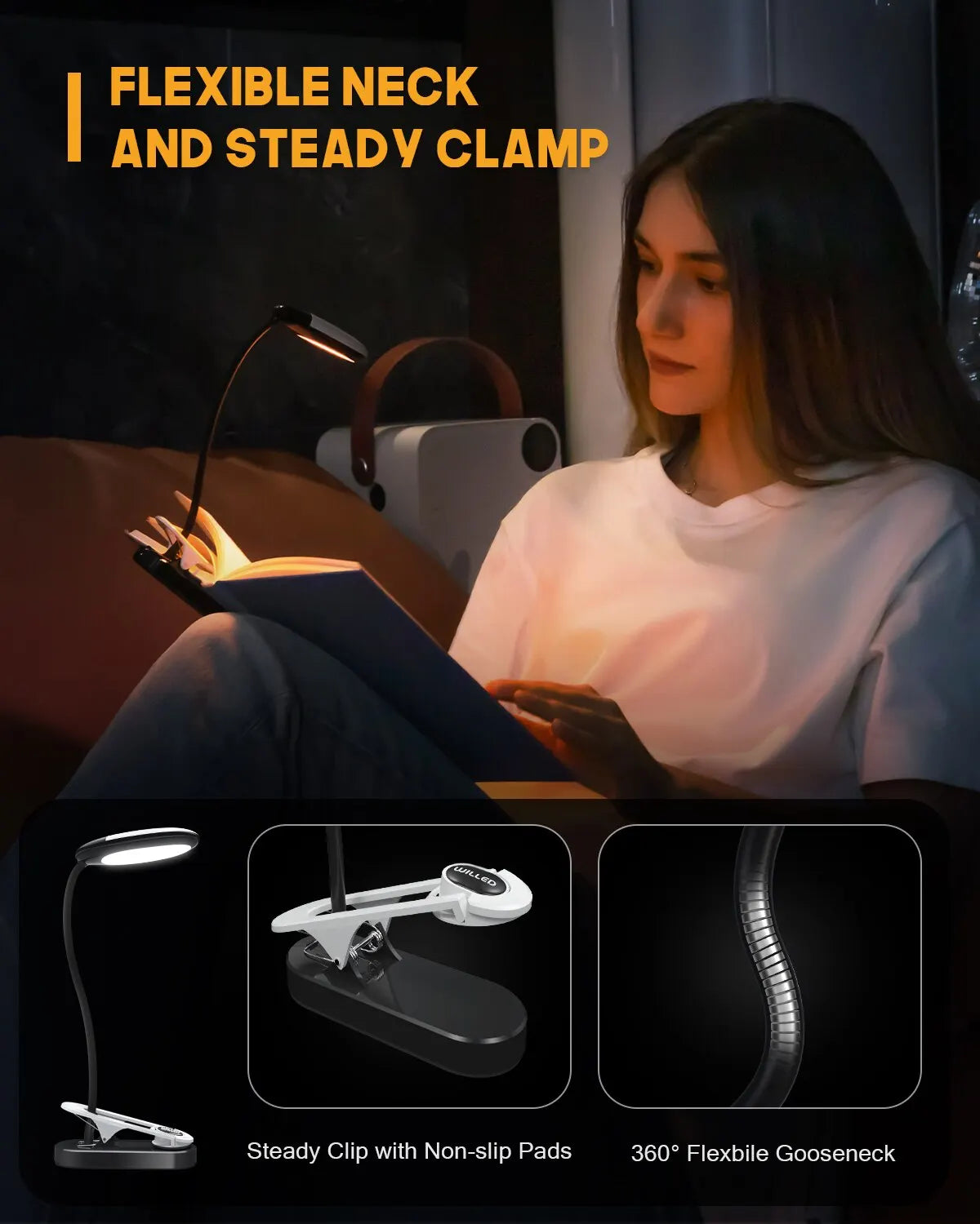 Mini LED Reading Light – Clip, Rechargeable, 3 Colors & 5 Brightness Levels