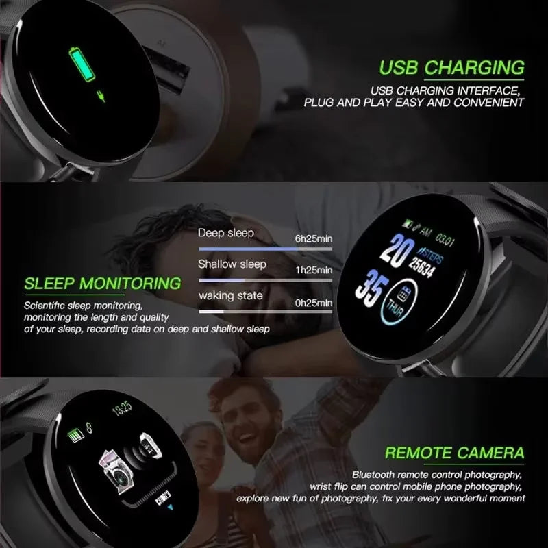 ⌚ D18 Smartwatch 2026 – Circular Color Screen, Multi-Sport Modes, Call & Message Alerts, Music & Camera Control Smart Bracelet