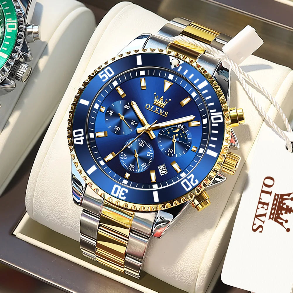 OLEVS Luxury Men’s Watch – Moon Phase, Chronograph Dial, Stainless Steel, Waterproof