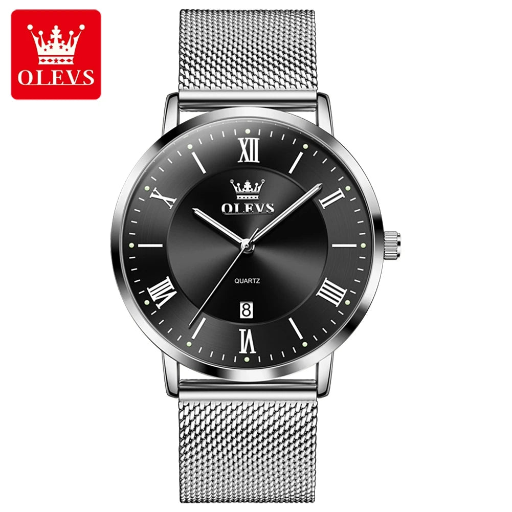 OLEVS Men Quartz Watch – Ultra-Thin, Stainless Steel, Waterproof with Calendar
