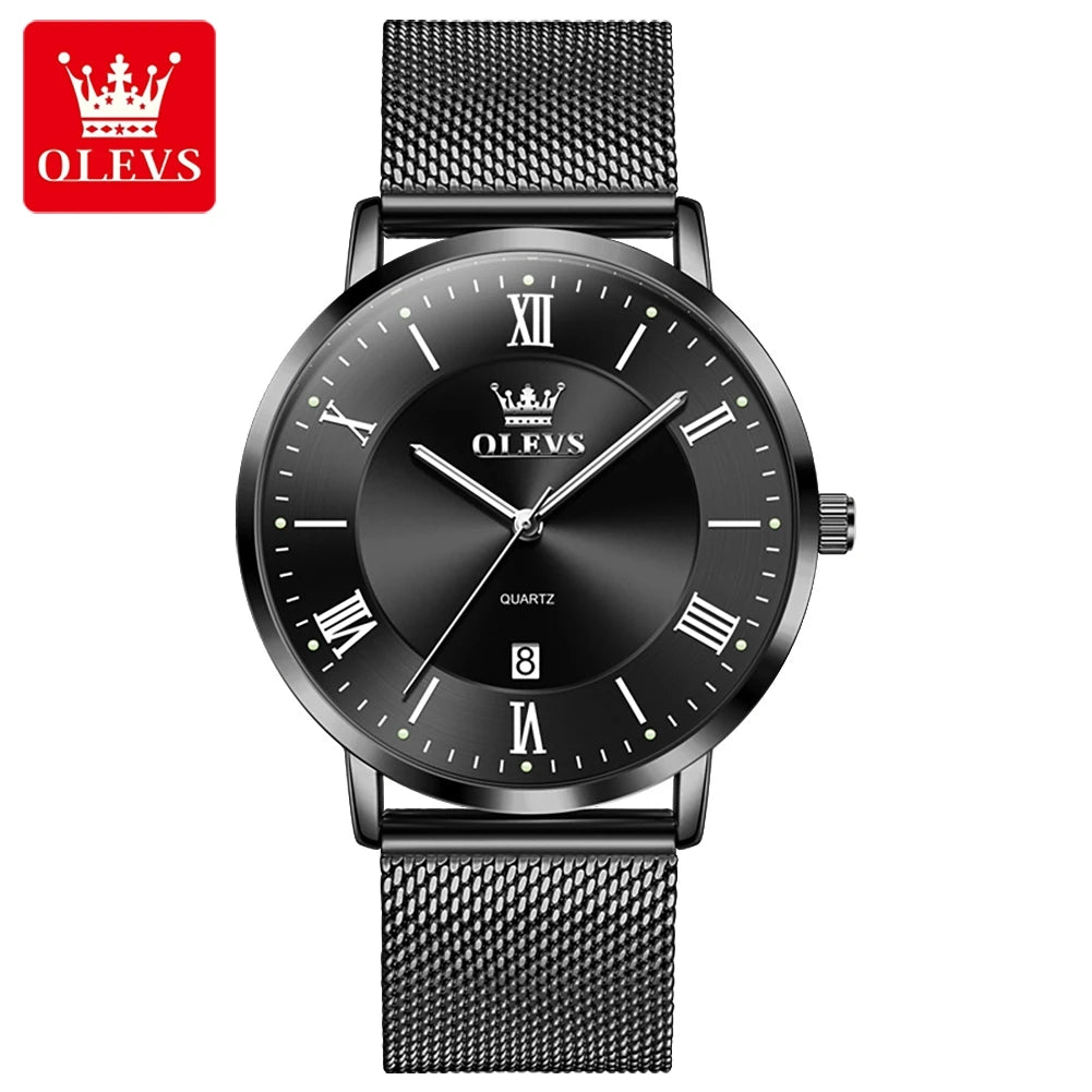 OLEVS Men Quartz Watch – Ultra-Thin, Stainless Steel, Waterproof with Calendar