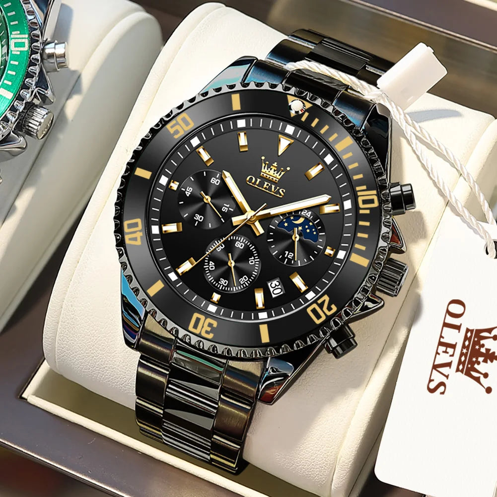 OLEVS Luxury Men’s Watch – Moon Phase, Chronograph Dial, Stainless Steel, Waterproof