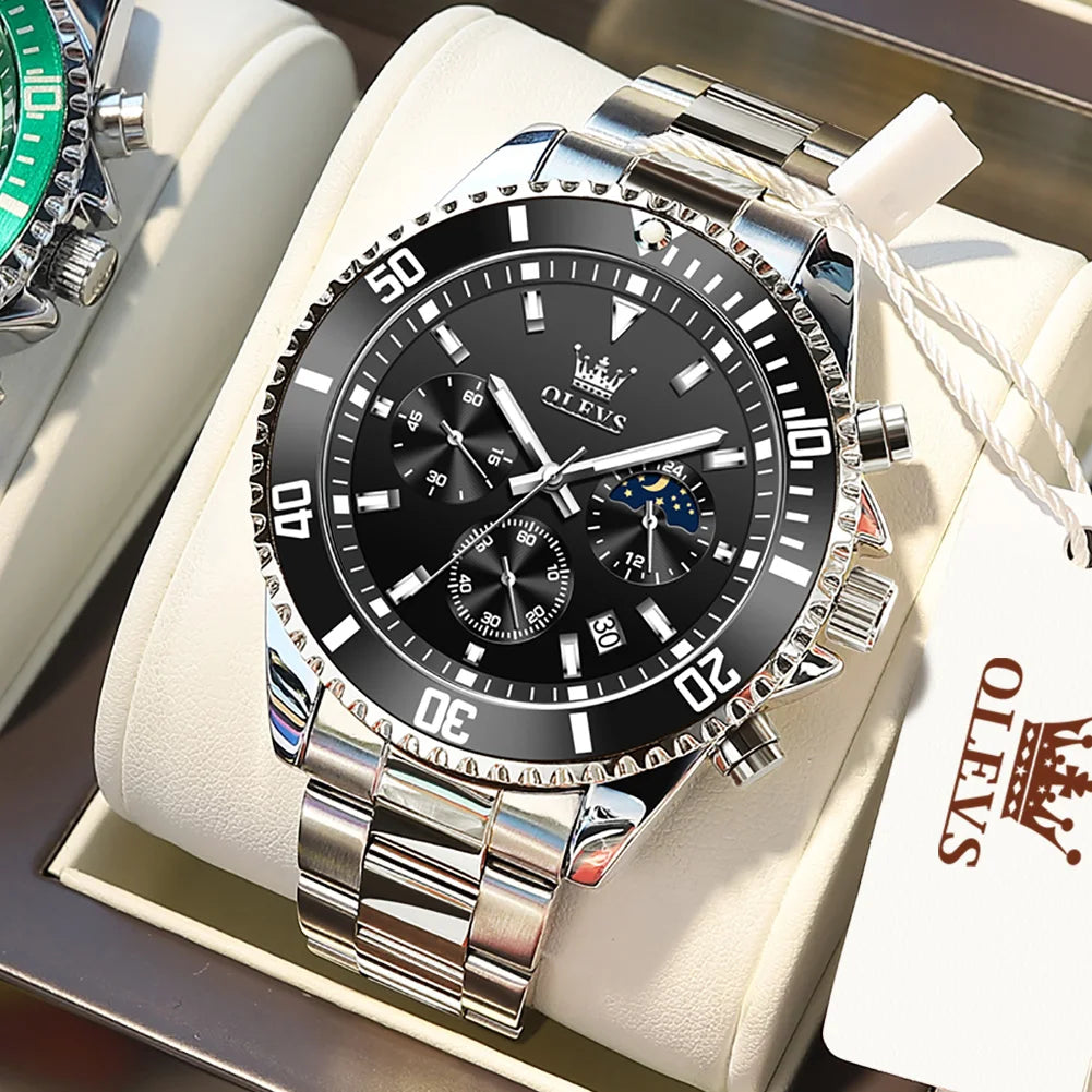 OLEVS Luxury Men’s Watch – Moon Phase, Chronograph Dial, Stainless Steel, Waterproof