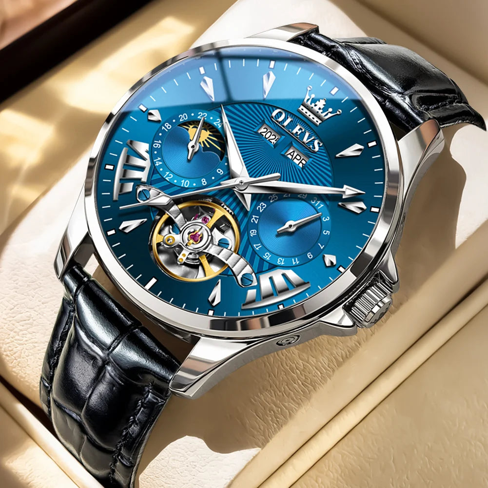 OLEVS 7103 Mechanical Watch for Men – Moon Phase, Calendar Display, Leather Strap, 30M Waterproof