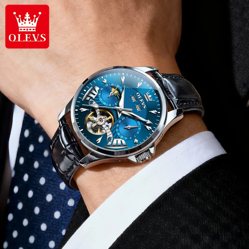 OLEVS 7103 Mechanical Watch for Men – Moon Phase, Calendar Display, Leather Strap, 30M Waterproof