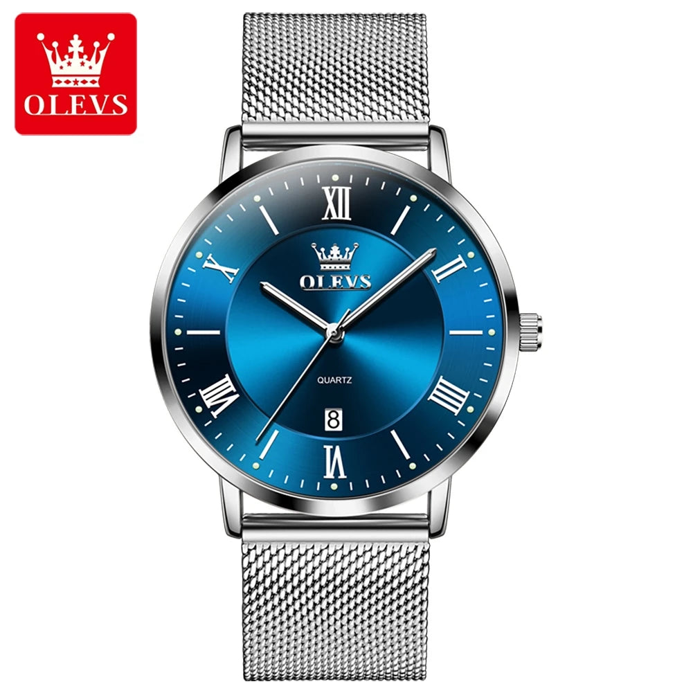 OLEVS Men Quartz Watch – Ultra-Thin, Stainless Steel, Waterproof with Calendar