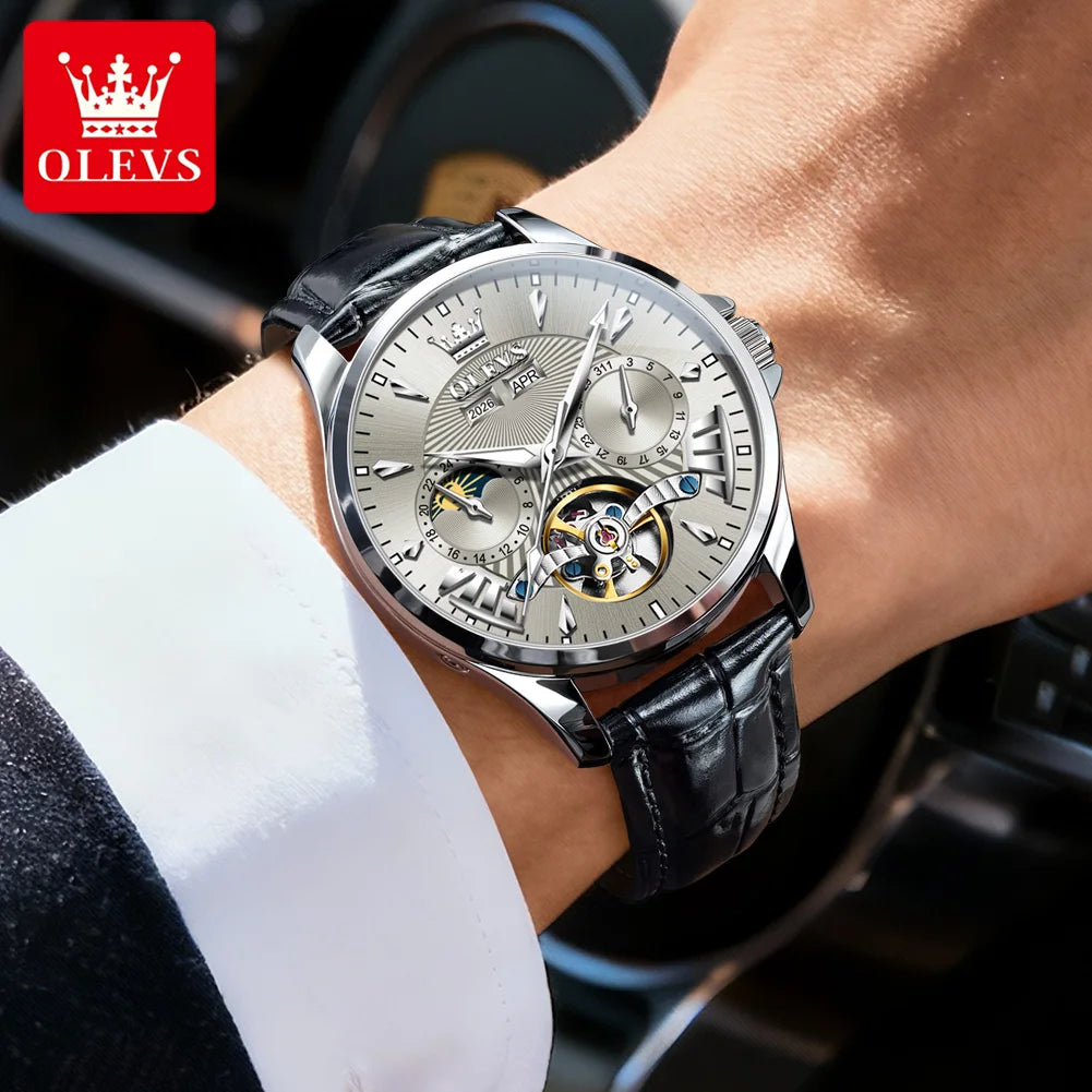 OLEVS 7103 Mechanical Watch for Men – Moon Phase, Calendar Display, Leather Strap, 30M Waterproof