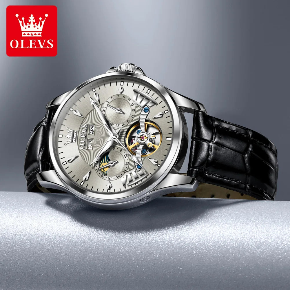 OLEVS 7103 Mechanical Watch for Men – Moon Phase, Calendar Display, Leather Strap, 30M Waterproof