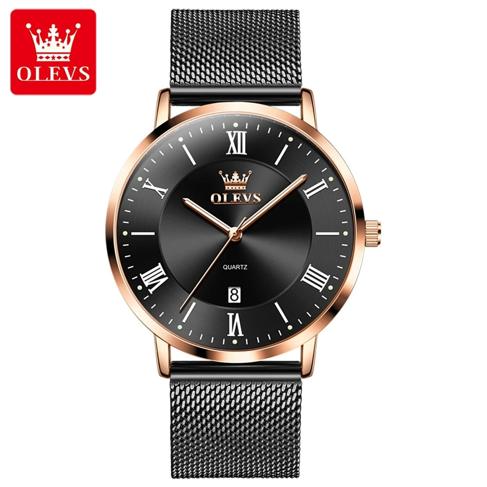 OLEVS Men Quartz Watch – Ultra-Thin, Stainless Steel, Waterproof with Calendar