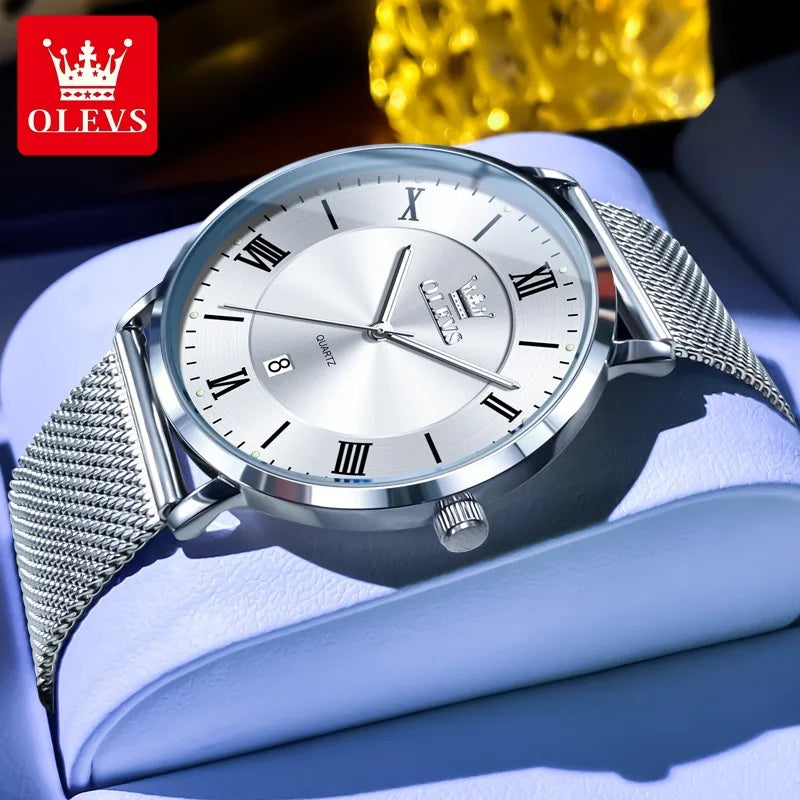 OLEVS Men Quartz Watch – Ultra-Thin, Stainless Steel, Waterproof with Calendar