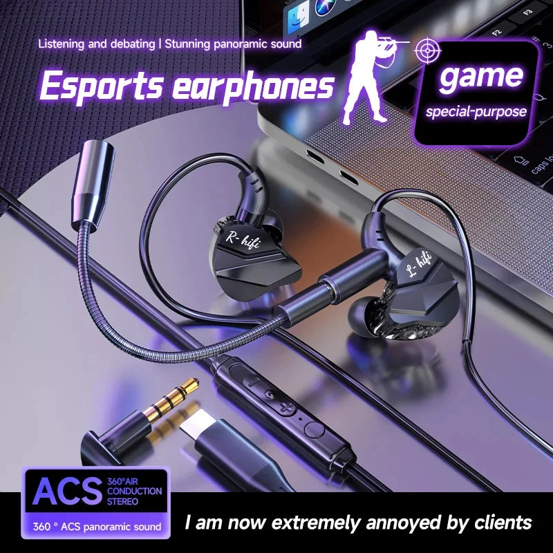 🎧 Gaming Earbuds – Dual Mic, HiFi Stereo, Type-C & 3.5mm In-Ear Headset