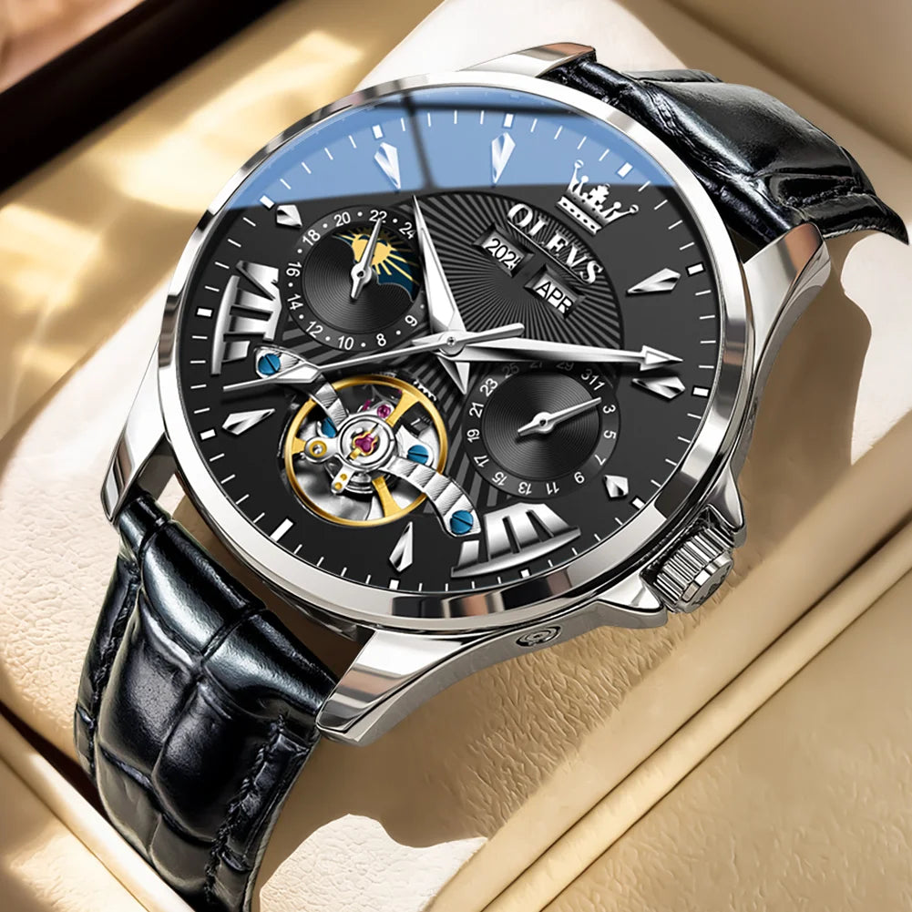 OLEVS 7103 Mechanical Watch for Men – Moon Phase, Calendar Display, Leather Strap, 30M Waterproof