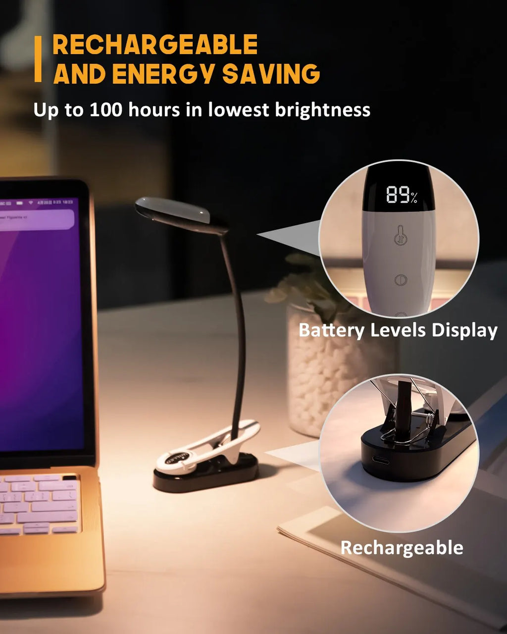 Mini LED Reading Light – Clip, Rechargeable, 3 Colors & 5 Brightness Levels