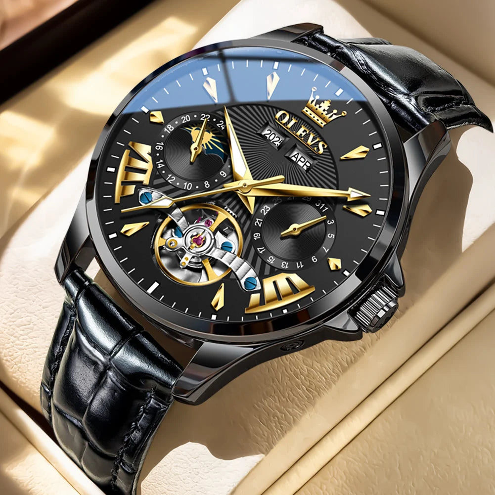 OLEVS 7103 Mechanical Watch for Men – Moon Phase, Calendar Display, Leather Strap, 30M Waterproof