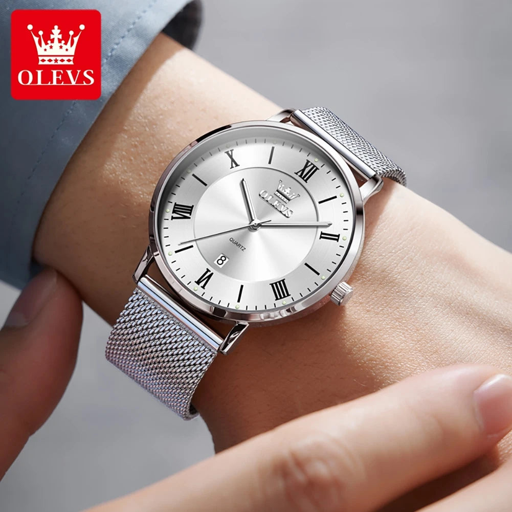 OLEVS Men Quartz Watch – Ultra-Thin, Stainless Steel, Waterproof with Calendar