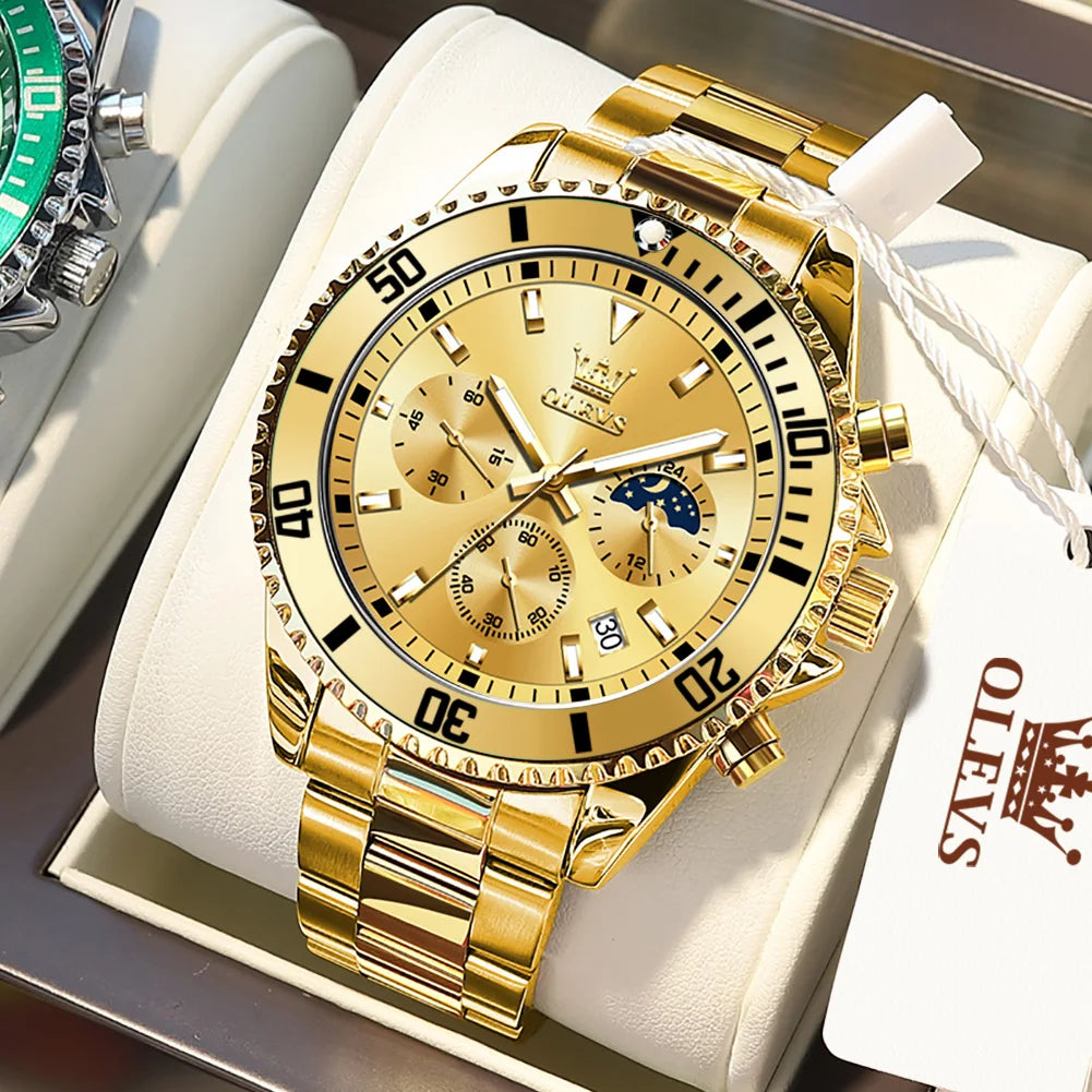 OLEVS Luxury Men’s Watch – Moon Phase, Chronograph Dial, Stainless Steel, Waterproof