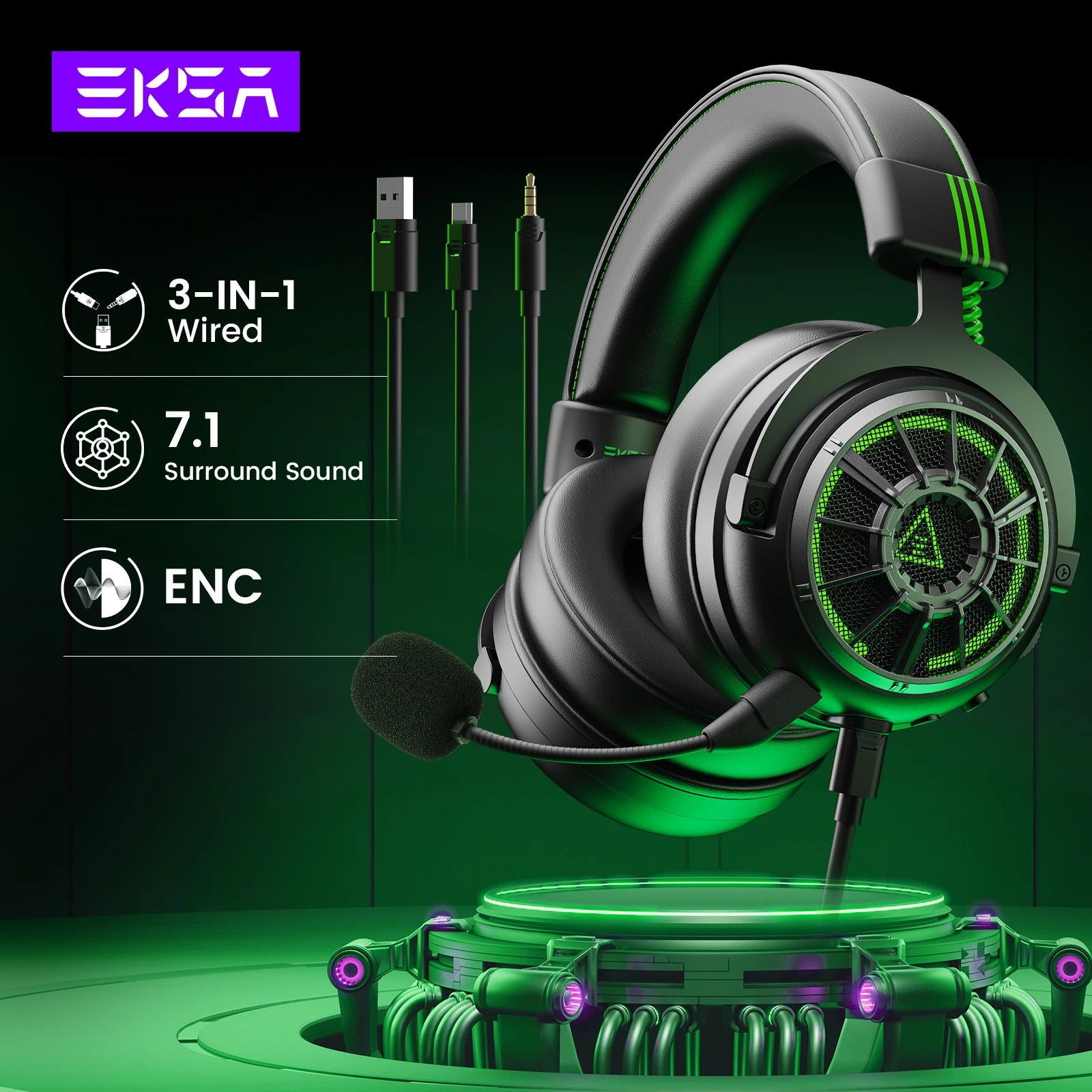 🎧 EKSA E5000 Pro Gaming Headset – 7.1 Surround Sound, ENC Mic, USB/Type-C/3.5mm Wired for PC, PS4, Xbox & Switch