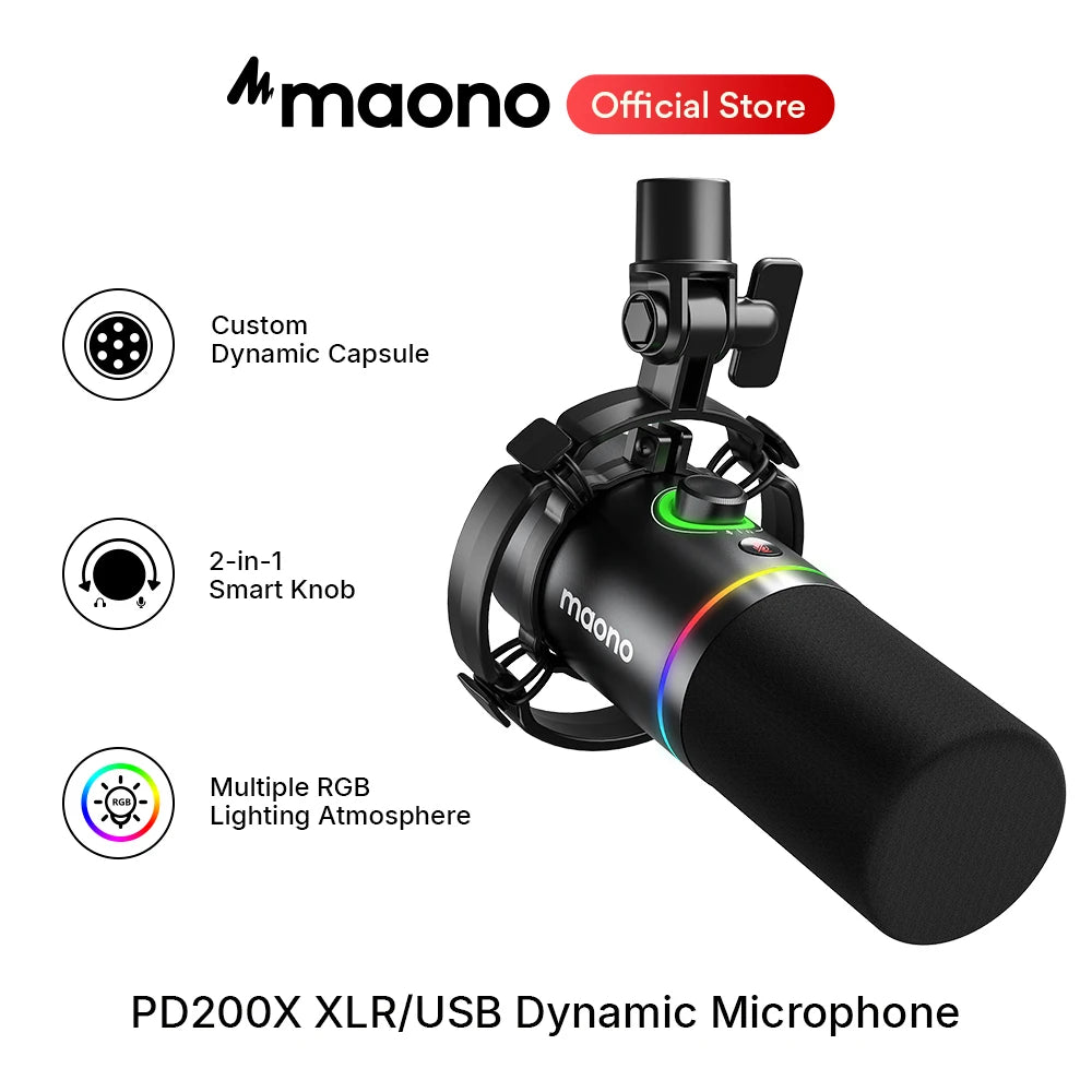 🎤 MAONO PD200X Dynamic Gaming Microphone – XLR/USB, Tap-to-Mute, Gain Control for Streaming, Recording & YouTube
