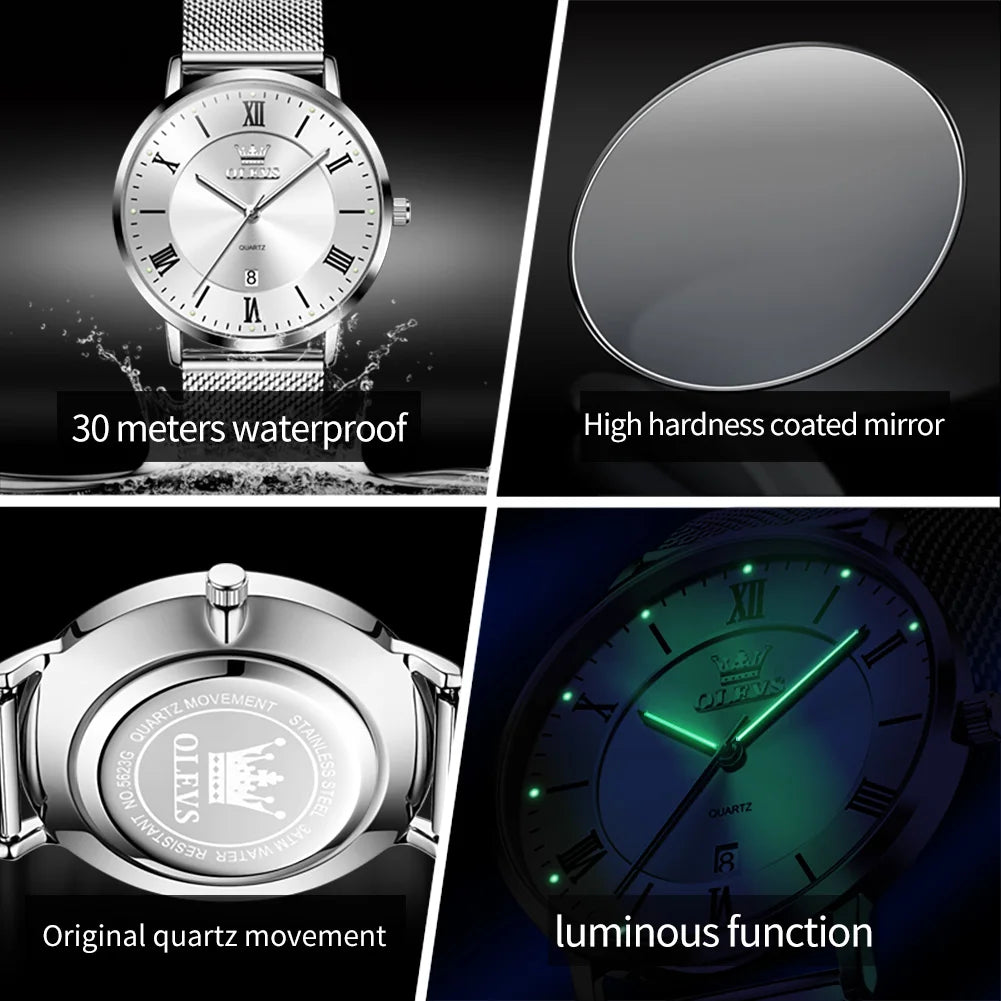 OLEVS Men Quartz Watch – Ultra-Thin, Stainless Steel, Waterproof with Calendar