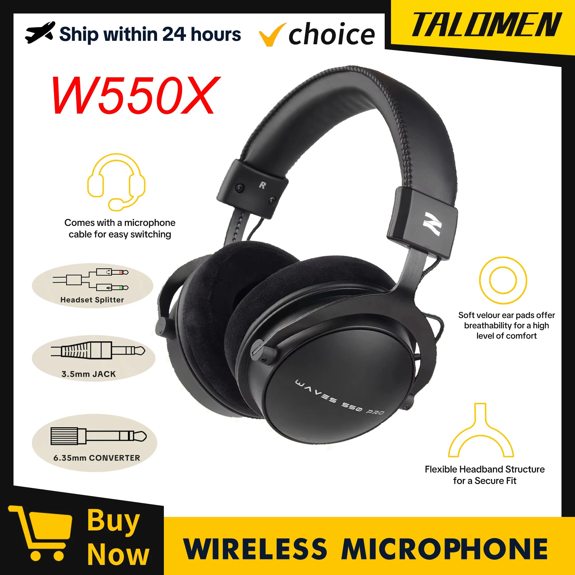 TALOMEN W550X Professional Studio Headphones – Over-Ear DJ Monitor Stereo Headphones with Detachable Cable